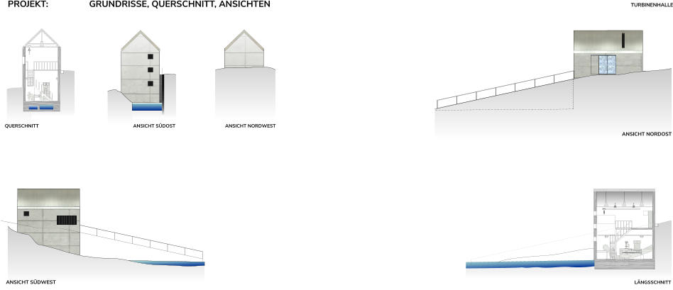 projekt:                 grundrisse, querschnitt, ansichten               TURBINENHALLE ANSICHT NORDOST ANSICHT SÜDOST ANSICHT NORDWEST QUERSCHNITT LÄNGSSCHNITT ANSICHT SÜDWEST
